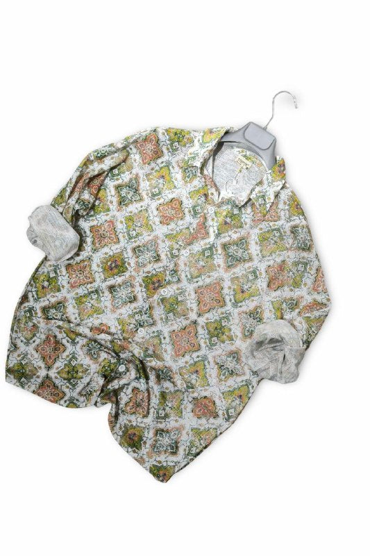 Vintage Mosaic Print Cotton-Linen Shirt