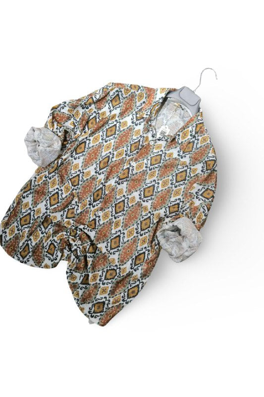 Retro Geometric Print Cotton-Linen Shirt
