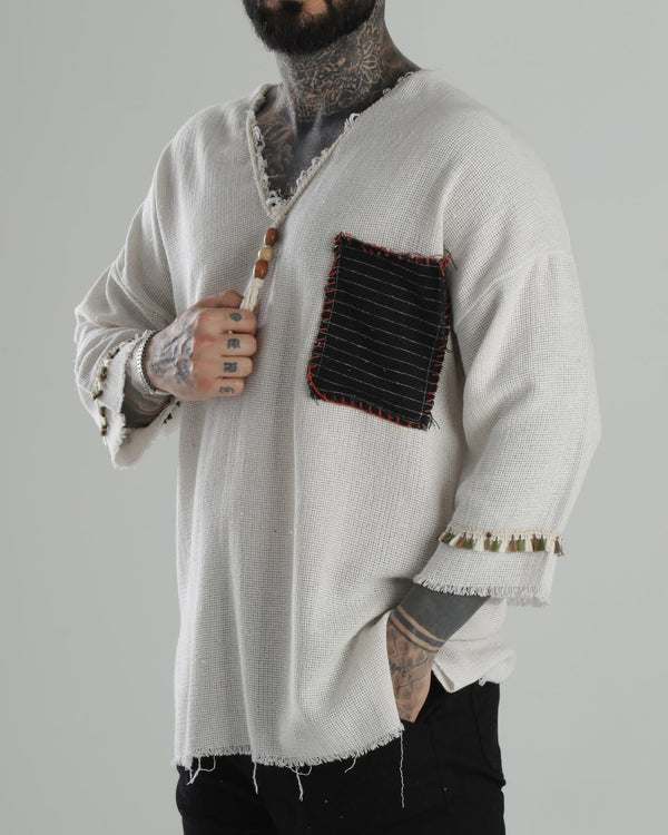 Bohemian Textured Cotton T-Shirt with Contrast Pocket