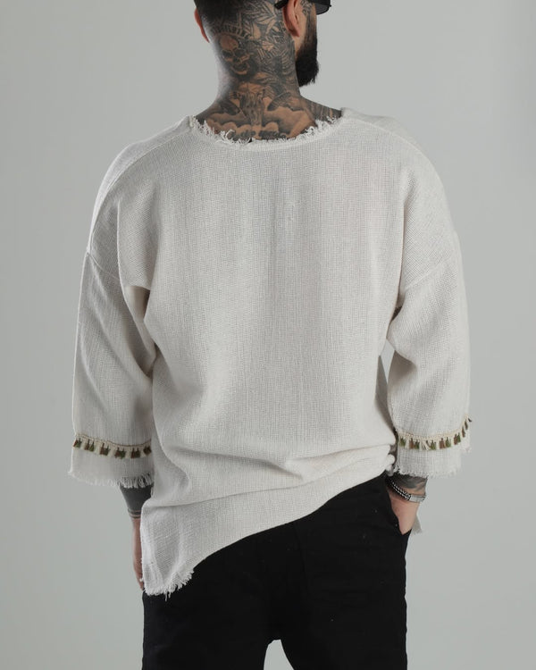 Bohemian Textured Cotton T-Shirt with Contrast Pocket