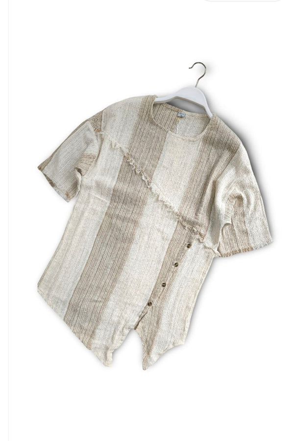 Asymmetric Buttoned Striped Linen T-Shirt