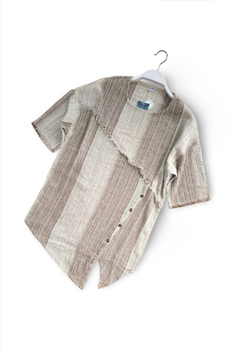 Asymmetric Buttoned Striped Linen T-Shirt