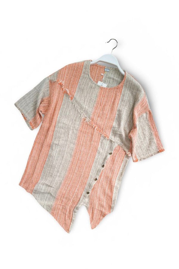 Asymmetric Buttoned Striped Linen T-Shirt