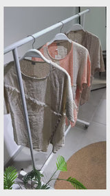 Asymmetric Buttoned Striped Linen T-Shirt